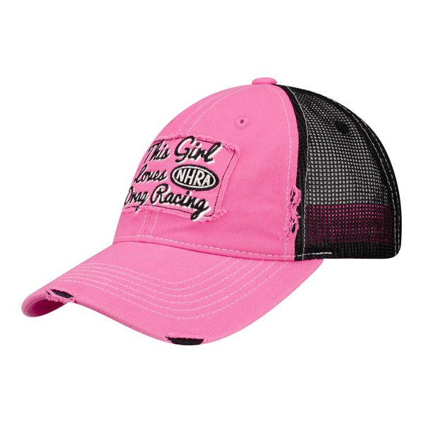 Ladies "This Girl Loves Drag Racing" Hat In Pink & Black - Angled Left Side View