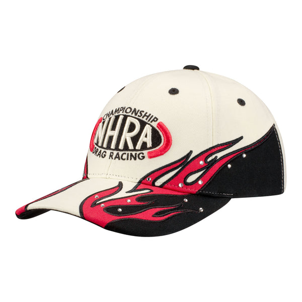 Ladies NHRA Glitter Flames Velcro Hat In Tan, Black & Red - Angled Left Side View