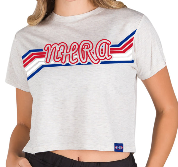 NHRA Ladies Retro Striped Crop Top - Front View Close Up