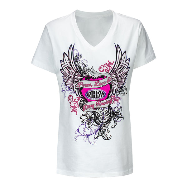 Ladies Peace, Love & Drag Racing T-Shirt in White - Front View