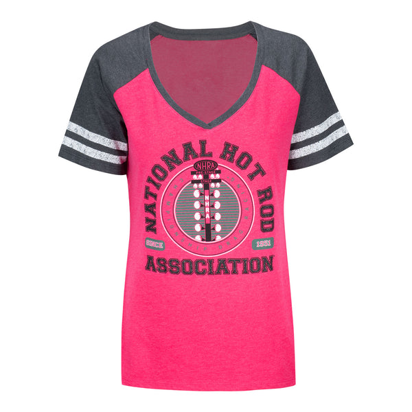 Ladies NHRA Collegiate T-Shirt In Pink & Grey - Front View