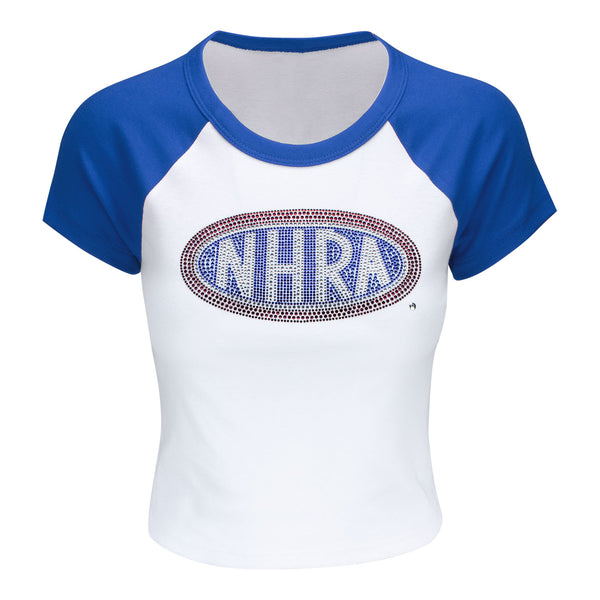 Ladies NHRA Rhinestone Raglan Baby T-Shirt - Blue Sleeves