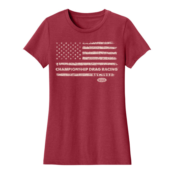 Ladies NHRA Distressed Flag T-Shirt In Red - Front View