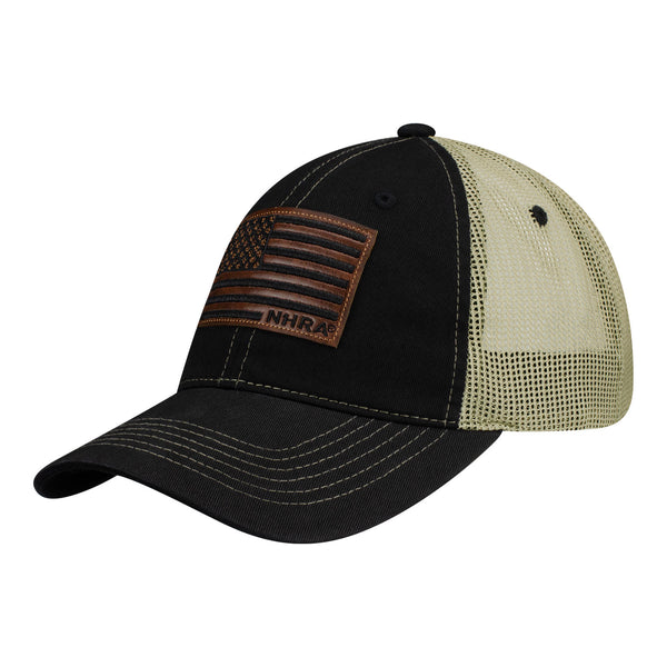 NHRA Leather Military Hat in Black and Tan - Angled Left Side View