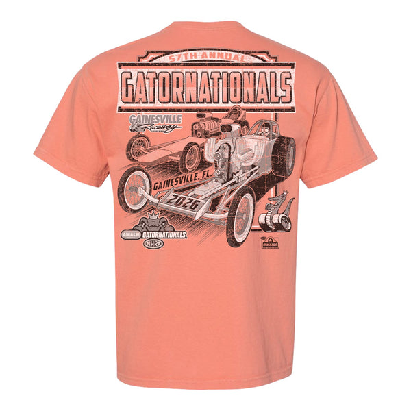 Gainesville Raceway 2026 Gatornationals Retro Car T-Shirt In Orange - Back View