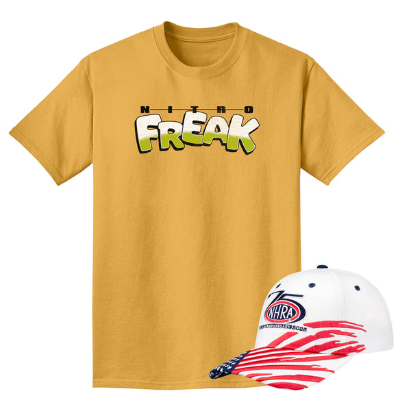 NHRA 75th Anniversary Bundle - Americana Flag Hat & Nitro Freak Tee - Front View