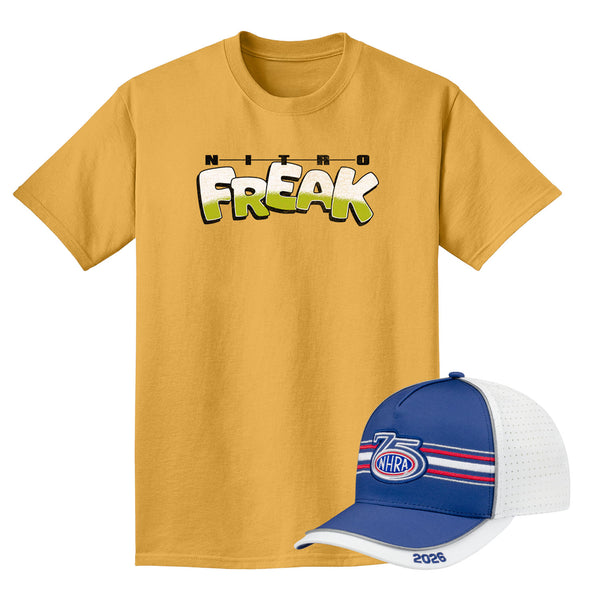 NHRA 75th Anniversary Bundle - 2026 Tour Hat & Nitro Freak Tee - Front View