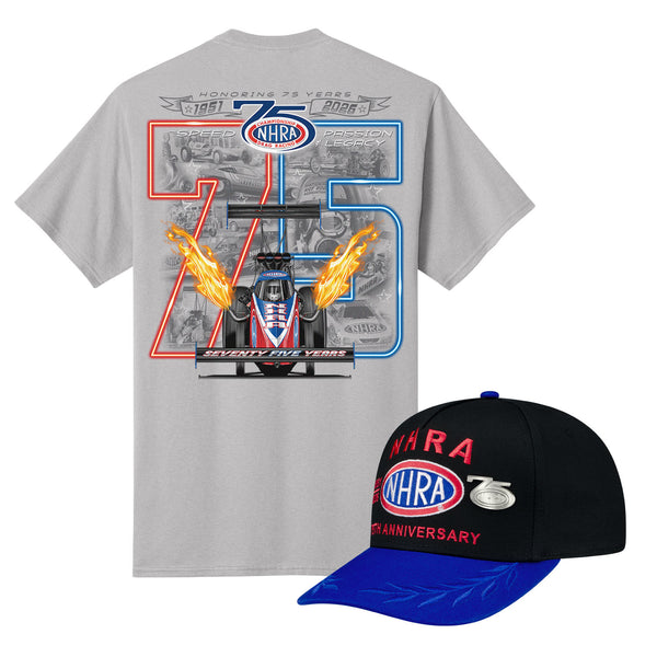 NHRA 75th Anniversary Bundle - Collectors Pin Hat & Heritage Tee - Front View