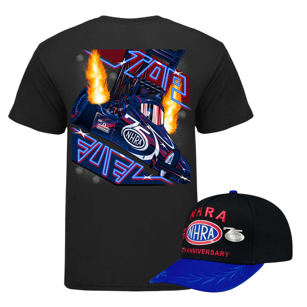 NHRA 75th Anniversary Bundle - Collectors Pin Hat & Neon Top Fuel Tee - Front View