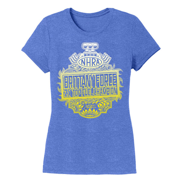 Ladies Brittany Force Top Fuel Champ T-Shirt In Blue & Yellow - Front View