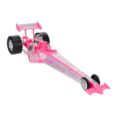 Brittany Force Pink Plastic Toy Dragster In Pink & Silver - Angled Right Side View
