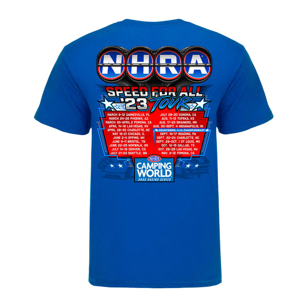 2023 NHRA Camping World Schedule T-Shirt In Blue - Back View