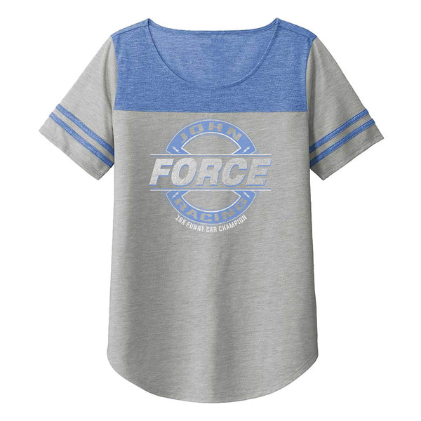 Ladies John Force Fan Girl T-Shirt in Heather Grey and Royal - Front View