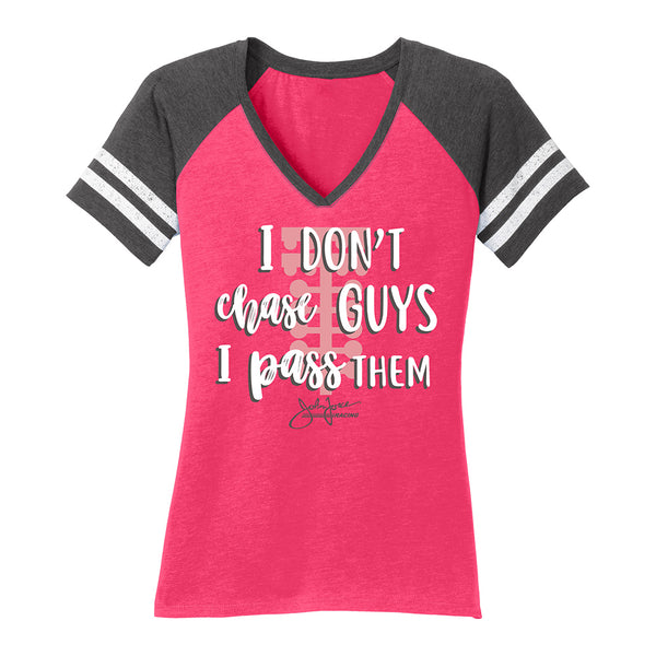 John Force Racing Don't Chase Guys Ladies T-Shirt In Pink - Front View