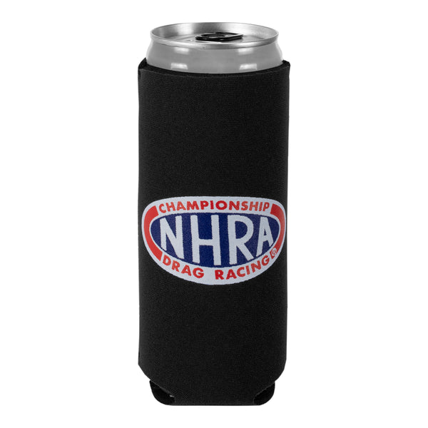 NHRA Logo Slim Can Cooler In Black - Front View