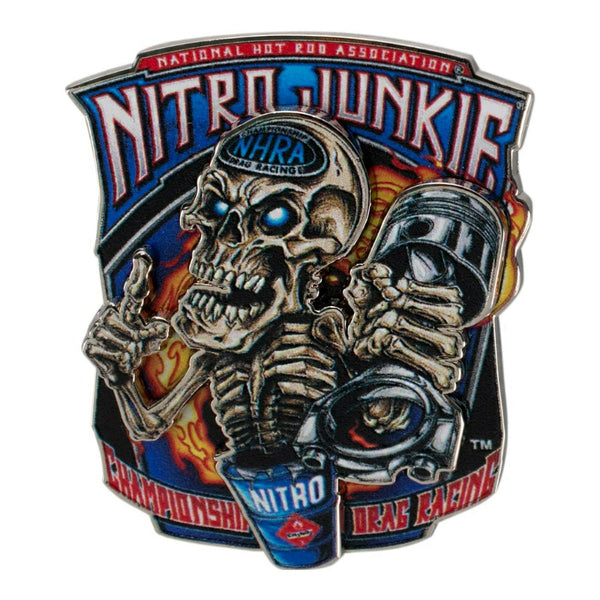 Nitro Junkie Hatpin In Blue, Red & Black - Front View