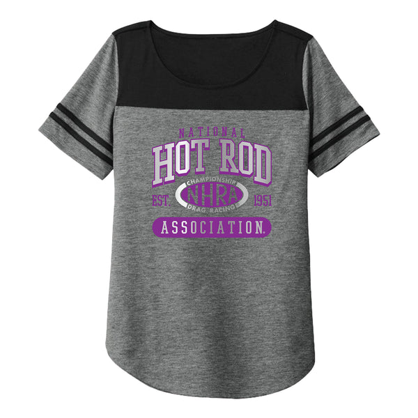 Ladies Collegiate NHRA Logo T-Shirt In Grey, Black & Purple - Front View
