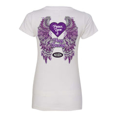 Ladies Peace, Love & Drag Racing T-Shirt In White - Back View