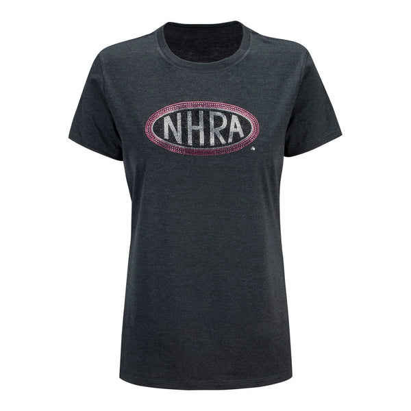 Ladies NHRA Rhinestone T-Shirt In Black - Front View