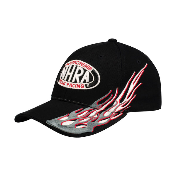 NHRA Flamed Hat In Black, White, Grey & Red - Angled Left Side View