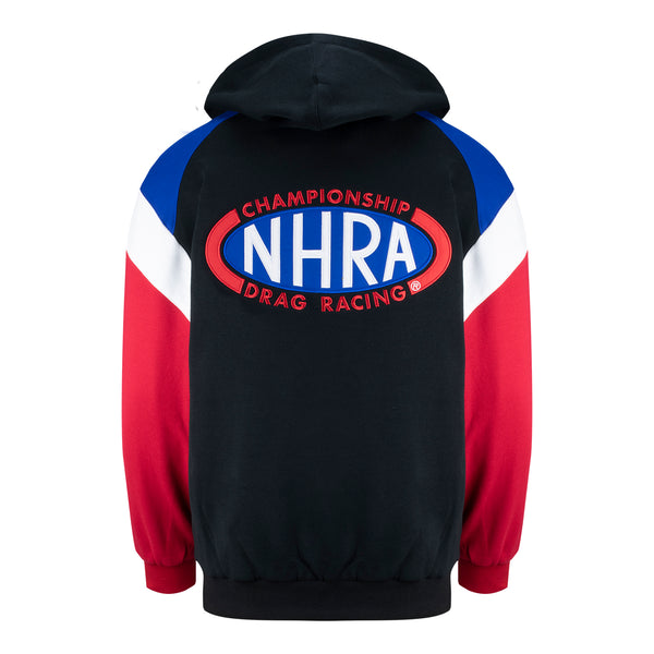 NHRA Speed For All Hooded Zip-Up Sweatshirt In Black, Red, Blue & White - Back View