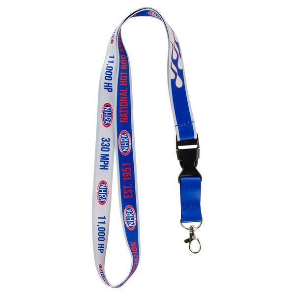 NHRA Flame Lanyard In Blue, White & Red - Front View