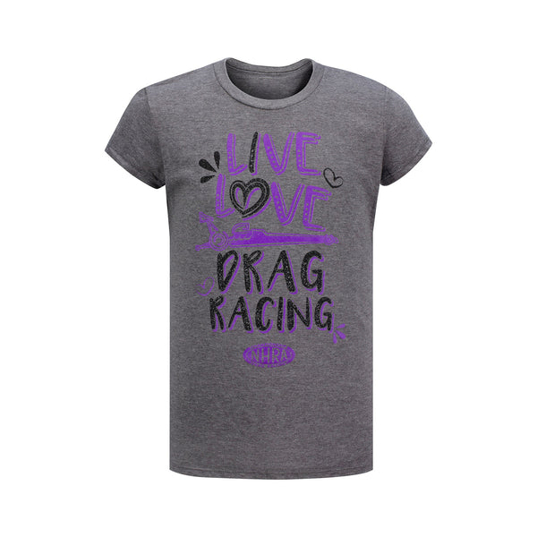 Youth Live, Love and Drag Racing T-Shirt In Grey - Front View